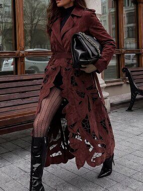 Burgundy Elegant Women's Belted Wrap Trench Coat